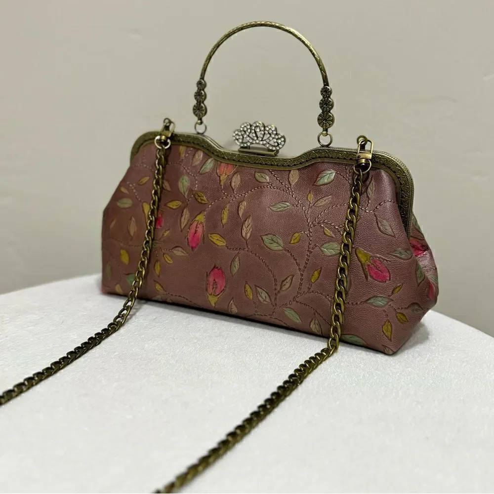 Handmade Vintage Style Genuine Embossed Cowhide Crown Shade Closure Satchel